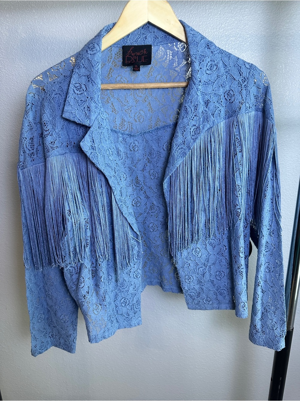 Vintage French Blue Lace Top with Fringe Women's Size Large Color Blue NWT